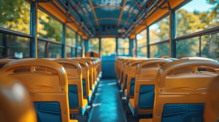 Fototapeta premium Interior of an empty school bus featuring bright yellow seats and large windows, captured in natural light.