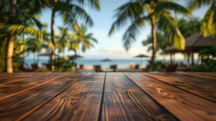 Fototapeta premium A tropical beach scene with palm trees and a wooden deck in focus, perfect for relaxation and vacation themes.