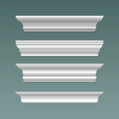Crown cornice trim for ceiling. Wall moulding isolated frame. Decorative plaster stucco strip vector. 3d plinth pattern with bevel ornament render set. Decor relief ledge border object illustration © klyaksun