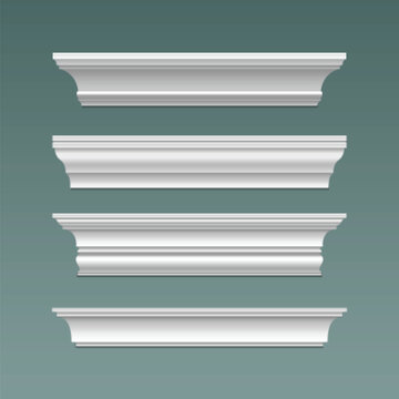 Crown cornice trim for ceiling. Wall moulding isolated frame. Decorative plaster stucco strip vector. 3d plinth pattern with bevel ornament render set. Decor relief ledge border object illustration
