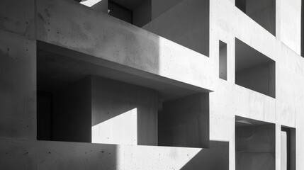 Obraz premium Minimalist white concrete building with geometric cutouts and shadows