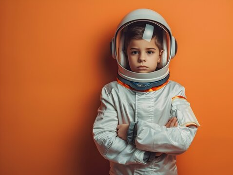 Young Boy in Astronaut Costume Posing on Orange Background