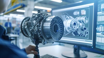 An industrial engineer uses CAD software to digitally design mechanical models of engines for manufacturing in factories, visualizing them on a computer screen through 3D rendering.