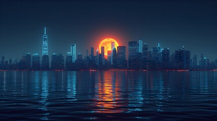 Fototapeta premium Blue neon cityscape - skyline - city lights - night view 