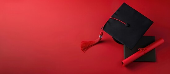 Graduation Cap and Diploma on Red Background
