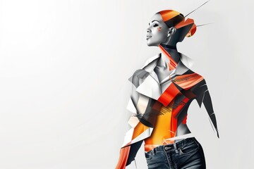 Fototapeta premium A woman with eyes closed stands against a white background her face and body obscured by geometric shapes and bold colors