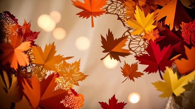 autumn leaves background with colorful maple leaves in red, orange, and yellow against bokeh lights. Copy space template backdrop