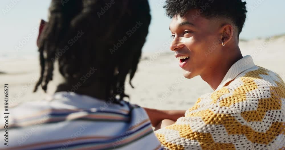 Poster Men, friends and talking on beach with cellphone for online communication, social media or vacation. Male people, diversity and happy discussion on sand together for travel post, connection or relax