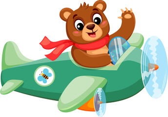 Cartoon bear pilot on plane, funny animal aviator in toy airplane, vector character. Bear pilot flying in propeller airplane with Hi greeting paw and smile on face, kids cute zoo animal aviator