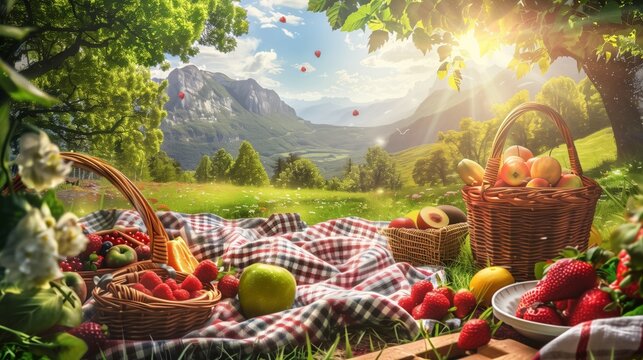 A sunny summer picnic with baskets of fresh fruit, colorful blankets, and an outdoor feast.