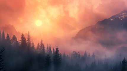Fototapeta premium Capturing the Majestic Beauty, A Breathtaking Sunset Over Mountain Landscapes, Landscape of sunset scene over mountain and pine tree forest 