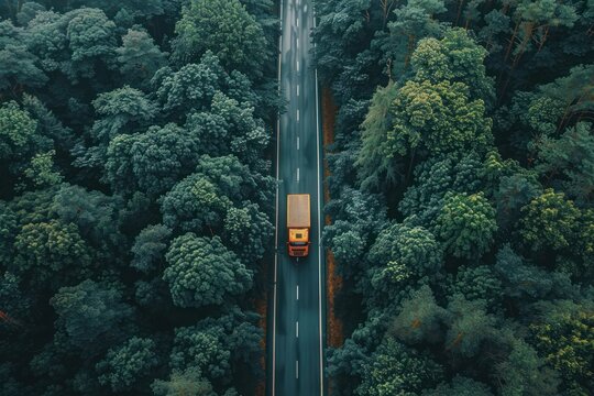 Forest Highway: Aerial View of Sustainable Transport with Hydrogen Energy Truck and Cars Driving on Asphalt Road
