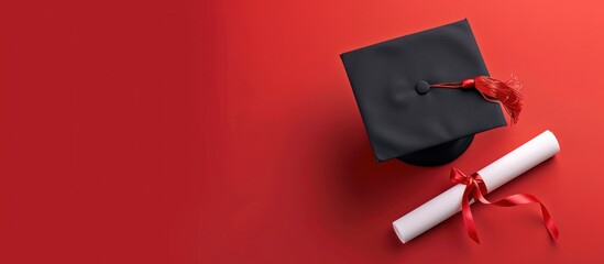 Graduation Cap and Diploma on Red Background