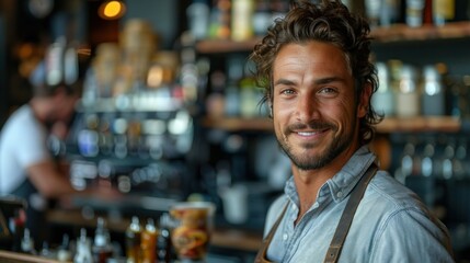 Fototapeta premium Professional Male Bartender Serving Drinks in Busy Restaurant Environment