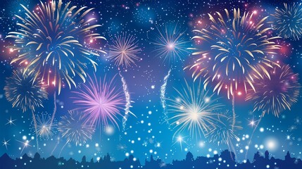 Naklejka premium A summer night sky filled with fireworks creates a joyful, festive atmosphere of excitement and warmth.