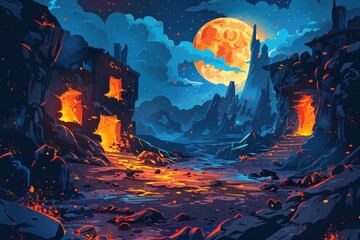 Desolate volcanic landscape with ruins under an orange moon