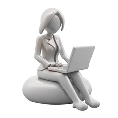 3D woman with Laptop Computer, on isolated transparent background