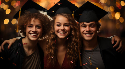 Obraz premium Portrait of three smiling graduate friends in graduation robes AI Generated