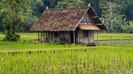 Obraz premium Traditional Wooden Hut in Verdant Rice Paddy