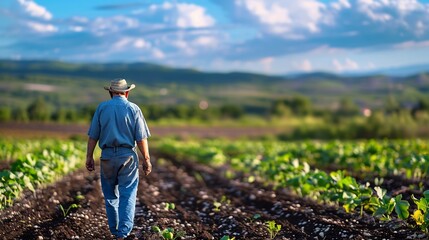 Fototapeta premium Farmer Walking Through a Field at Sunset