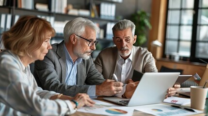 elderly couple reviewing their retirement savings plan with a financial advisor, discussing investment options with focused attention.