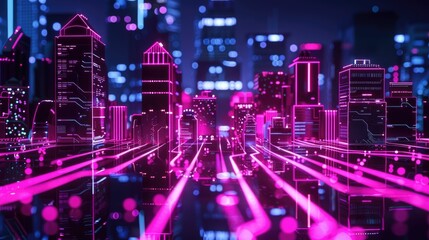 Fototapeta premium Neon-lit circuit boards creating a cityscape