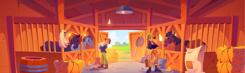 Wooden farm barn with horses in rustic stable and farmers feeding and drinking animals. Cartoon vector equestrian ranch house interior with cattle in stall, workers and with hay and bucket. © klyaksun