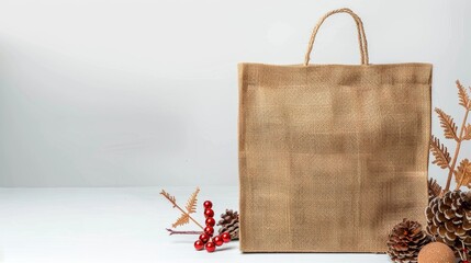 Christmas themed empty jute gift bag template on white background