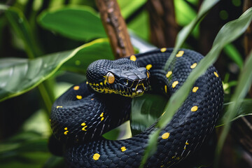 Fototapeta premium A close-up of a black and yellow snake coiled among green leaves, highlighting its textured scales and vibrant colors, representing the beauty and mystery of wildlife.