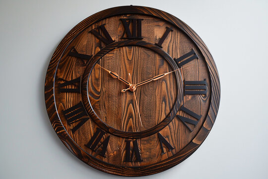 A large wooden clock with Roman numerals on a light grey wall, showcasing a classic design and craftsmanship.