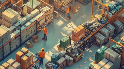 Illustrate the efficiency of industrial logistics with images of workers organizing and transporting goods in a busy warehouse.