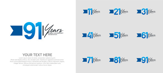 anniversary logotype set. blue number and ribbon for celebration