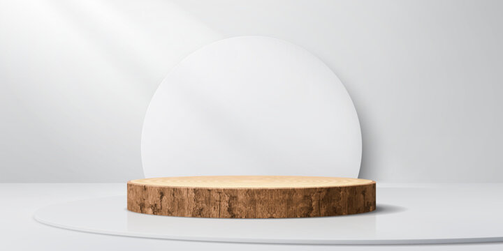 Wooden podium stage with tree bark and white arch for product display, vector mockup. Exhibition podium stage or display pedestal and showcase platform of wood log or stump cut with wooden texture
