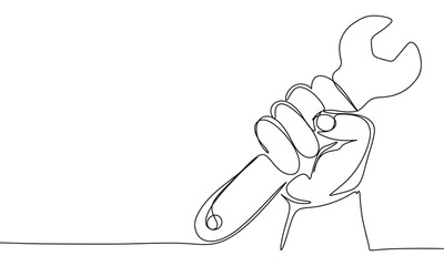 Hand with wrench one line continuous. Hand with wrench line art. Hand drawn vector art.