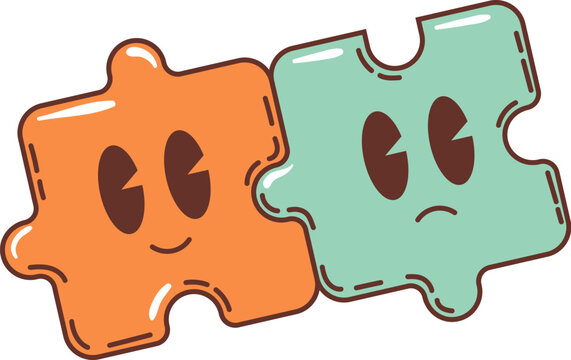 Two puzzle pieces, 70s 80s retro cartoon groovy characters and hippie symbols. Isolated vector playful orange and green jigsaw with happy and sad faces expressions, symbolizing connection and emotion