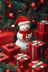Cute Snowman Amidst Red Gift Boxes and Lush Christmas Tree Decor, Spreading Holiday Cheer