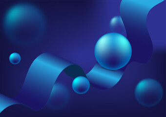 Abstract black background ball and bright blue ribbon on blue gradient background.