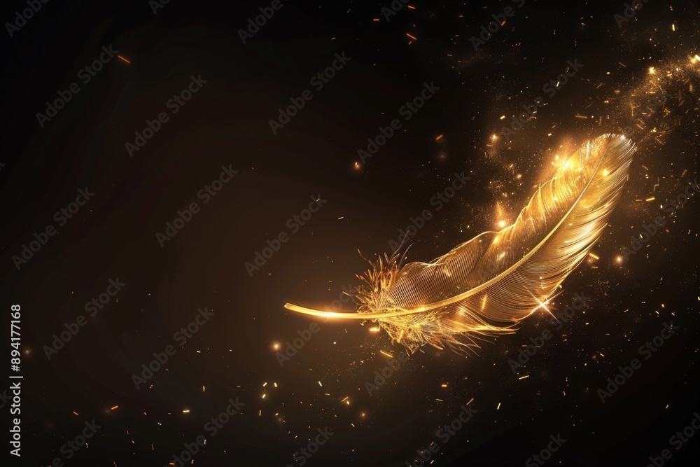 Wall mural Golden glowing feather on a dark background evokes a magical and dreamy atmosphere. Suitable for fantasy and mystical themes. Elegant design for decor, art, or promotional media. Generative AI