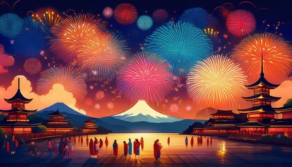 日本の花火と風景