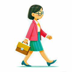 Chinese Business Woman Walking Illustration on a White Background