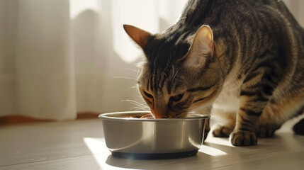 A cat is eating food from a metal bowl on a white floor.