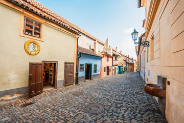 Little houses on Golden street inside of Hrandcany Castle with museum inside in Prague, Czech Republic
