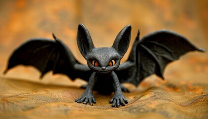 Obraz premium Spooky Black Bat Figurine with Glowing Orange Eyes and Spread Wings on a Glittering Surface