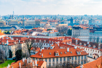 View of the city Prague and the Vltava river with Charles bridge  from prague castle, hradcany in Prague, Czech Republic.