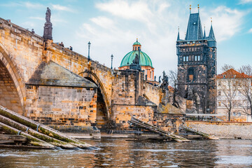 View of the city of Prague and Vltava river with Charles bridge with Old Town Bridge Tower in...