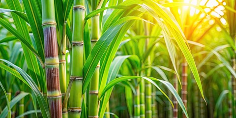 Close up of sugar cane plant with vibrant green leaves and textured stalk, sugar cane, plant, agriculture, tropical, farm, crop