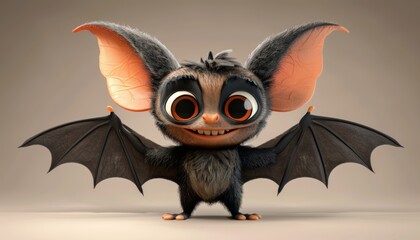 Cute Cartoon Bat With Big Eyes and Wide Wings on Neutral Background. 3D Character Illustration