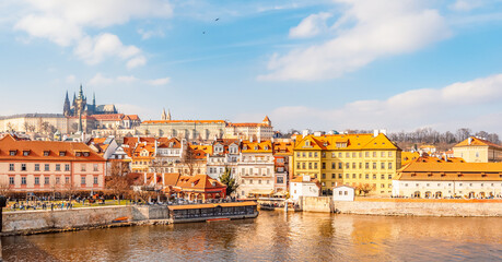 View of the city of Prague castle in hradcany and the Vltava river from Charles bridge in Prague, Czech Republic.