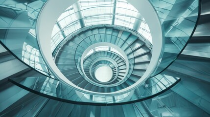 Spiral staircase inside a modern cylindrical building with glass floors
