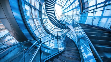 Spiral staircase inside a modern cylindrical building with glass floors